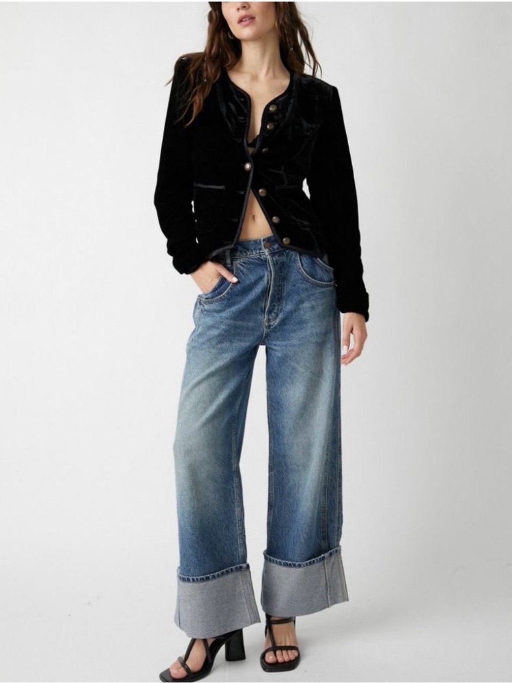 Free People Becky Jacket Black Velvet Button-Front Blazer with Gold Buttons XS - Picture 11 of 13